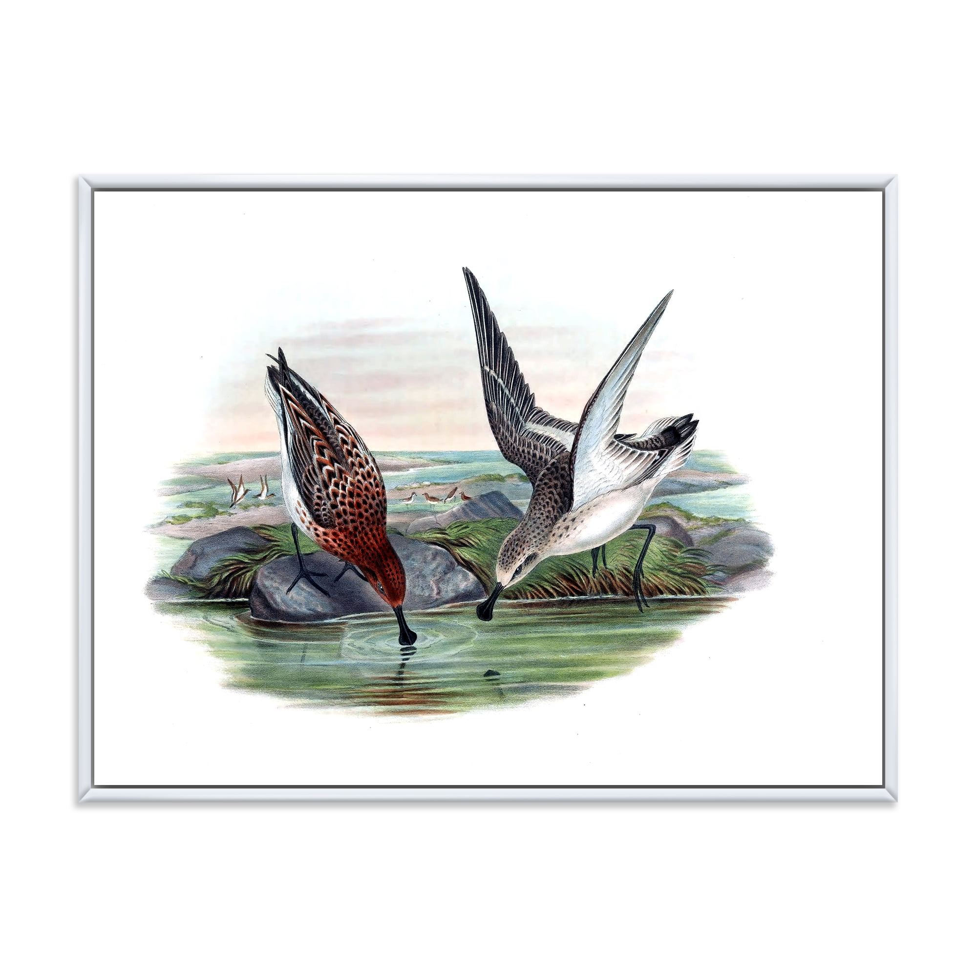 Vintage Countryside Two Birds In Lake 40 in x 30 in Framed Painting Canvas Art Print, by Designart