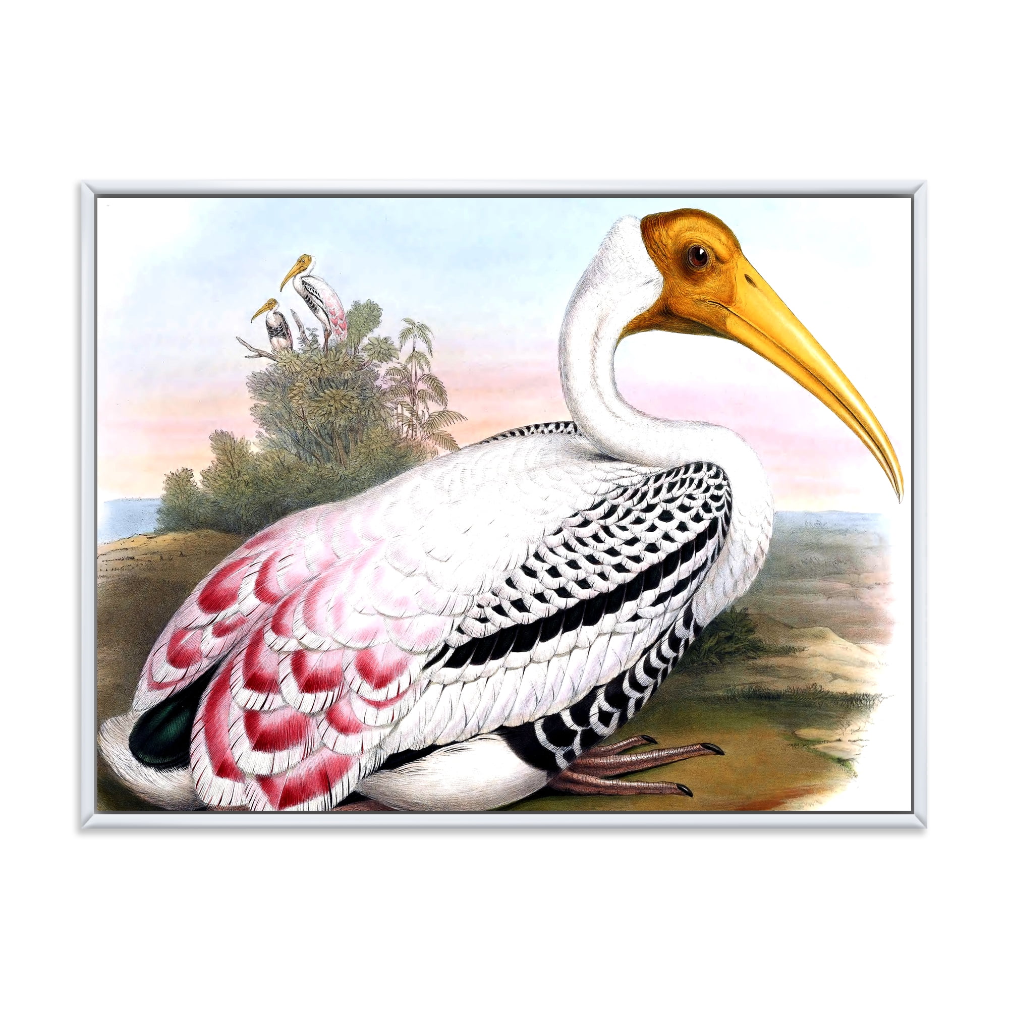Vintage Countryside White Birds 32 in x 16 in Framed Painting Canvas Art Print, by Designart
