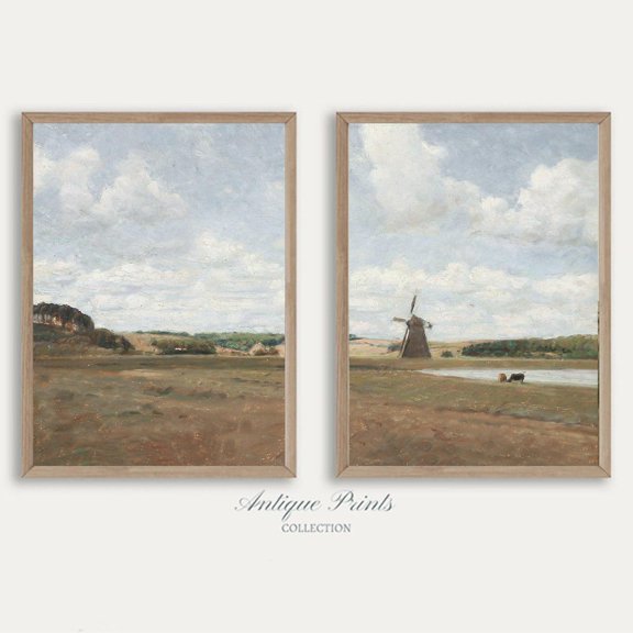 Vintage Countryside Windmill Rustic Farmhouse Wall Art Set 2 Stretched Canvas 8x12