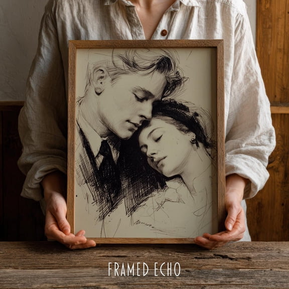 Vintage Couple Sketch Romantic Ink Drawing for Bedroom, Unframed Paper Poster 24x36in