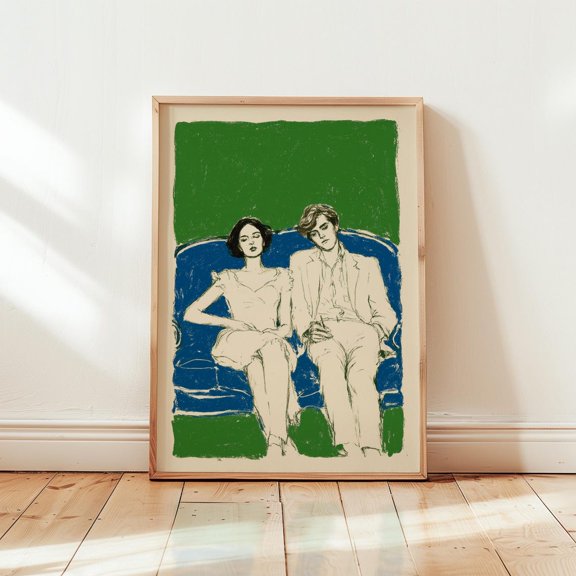 Vintage Couple Sofa Moody Retro Fashion Illustration Inspired Decorative Design Accent Wall Art