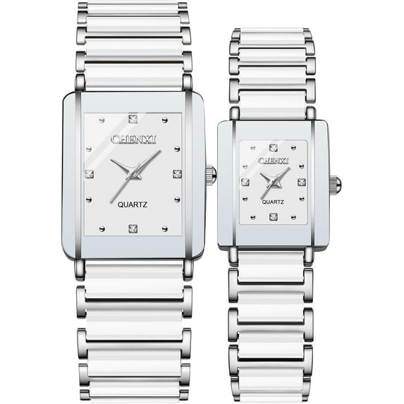 Vintage Couple Watches Men and Women Matching Quartz Watch Square Ceramic His and Hers Watches Set Pair Watches Diamond Waterproof