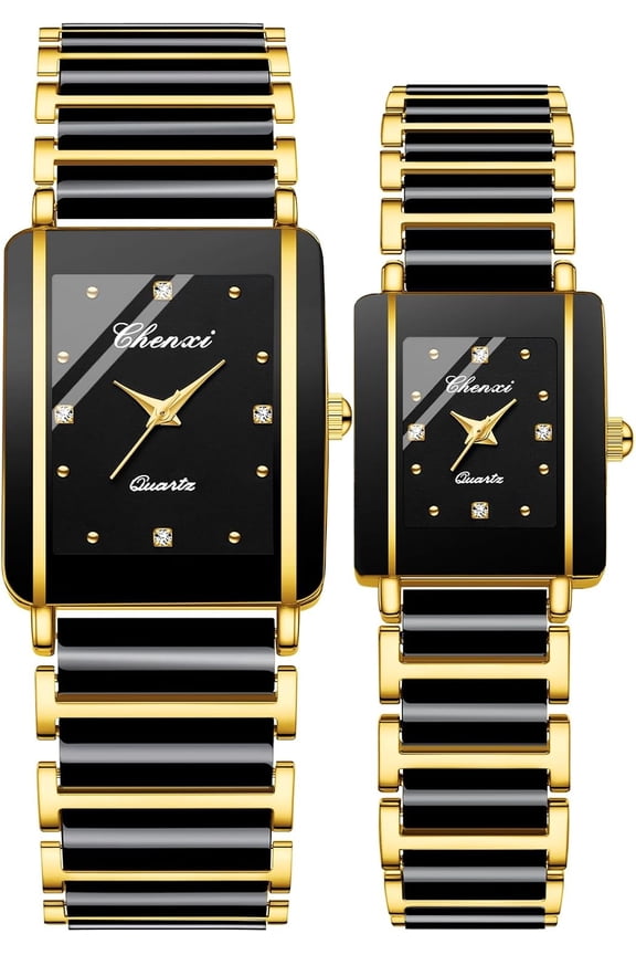 Vintage Couple Watches Men and Women Matching Quartz Watch Square Ceramic His and Hers Watches Set Pair Watches Diamond Waterproof