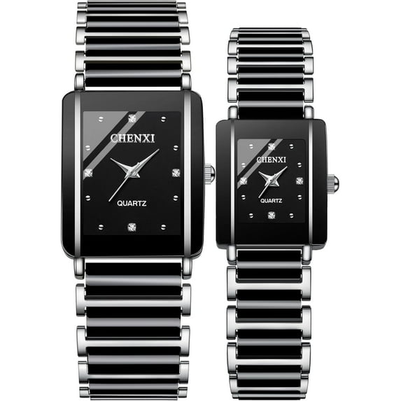 Vintage Couple Watches Men and Women Matching Quartz Watch Square Ceramic His and Hers Watches Set Pair Watches Diamond Waterproof