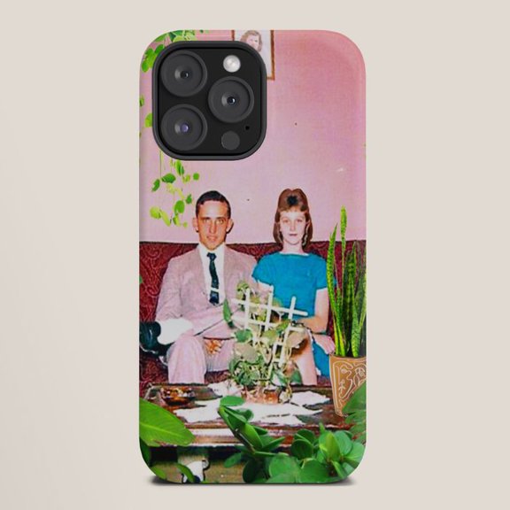 Vintage Couple and Houseplants Pink Green Tough Case for Apple iPhone, Polycarbonate Shell with TPU Liner