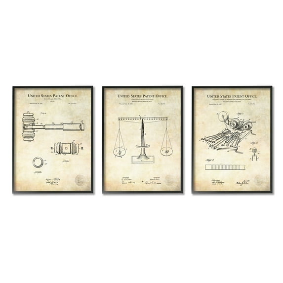 Vintage Courtroom Patents Judge Scale Gavel and Stenograph Typography Graphic Art Framed Art Print Wall Art, Set Of 3