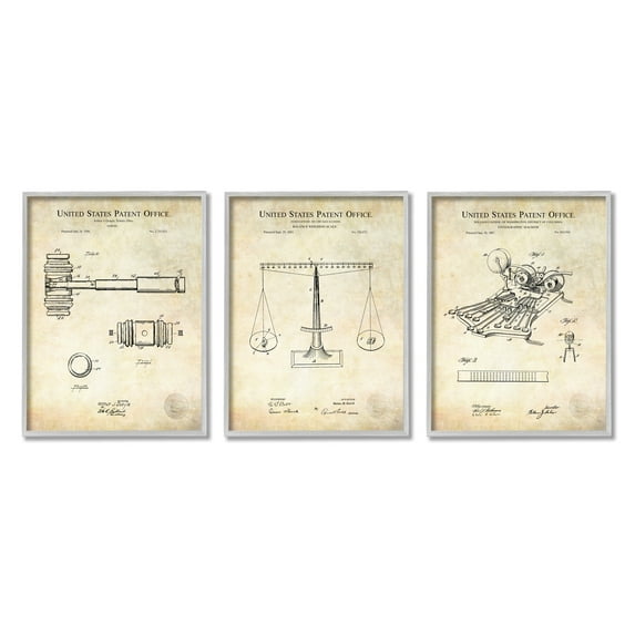 Vintage Courtroom Patents Judge Scale Gavel and Stenograph Typography Graphic Art Framed Art Print Wall Art, Set Of 3
