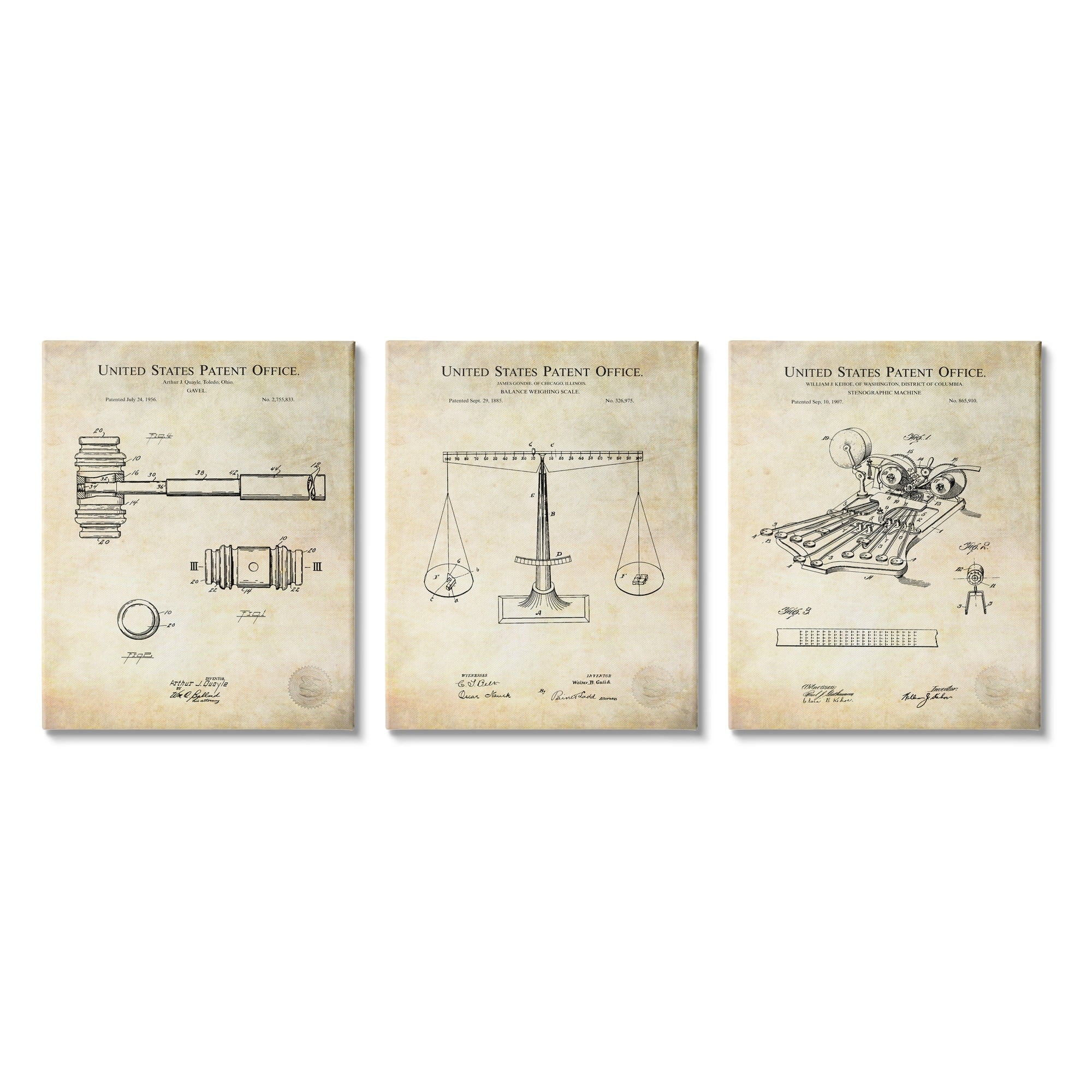 Vintage Courtroom Patents Judge Scale Gavel and Stenograph Typography Graphic Art Gallery-Wrapped Canvas Print Wall Art, Set Of 3