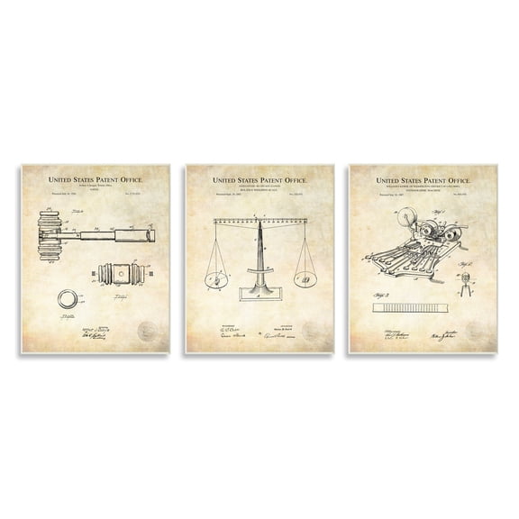 Vintage Courtroom Patents Judge Scale Gavel and Stenograph Typography Graphic Art Unframed Art Print Wall Art, Set Of 3