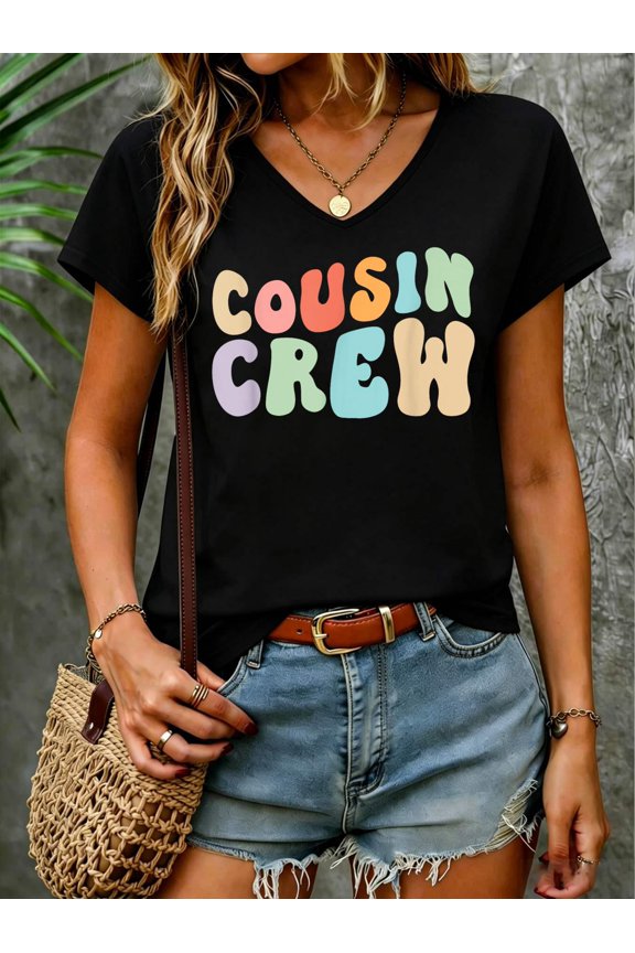 Vintage Cousin Crew Groovy Retro Design Family Matching Cool V Neck T-Shirt Cotton Women's V Neck Graphic Tee, Casual Short Sleeve Shirt,Vacation Outfit