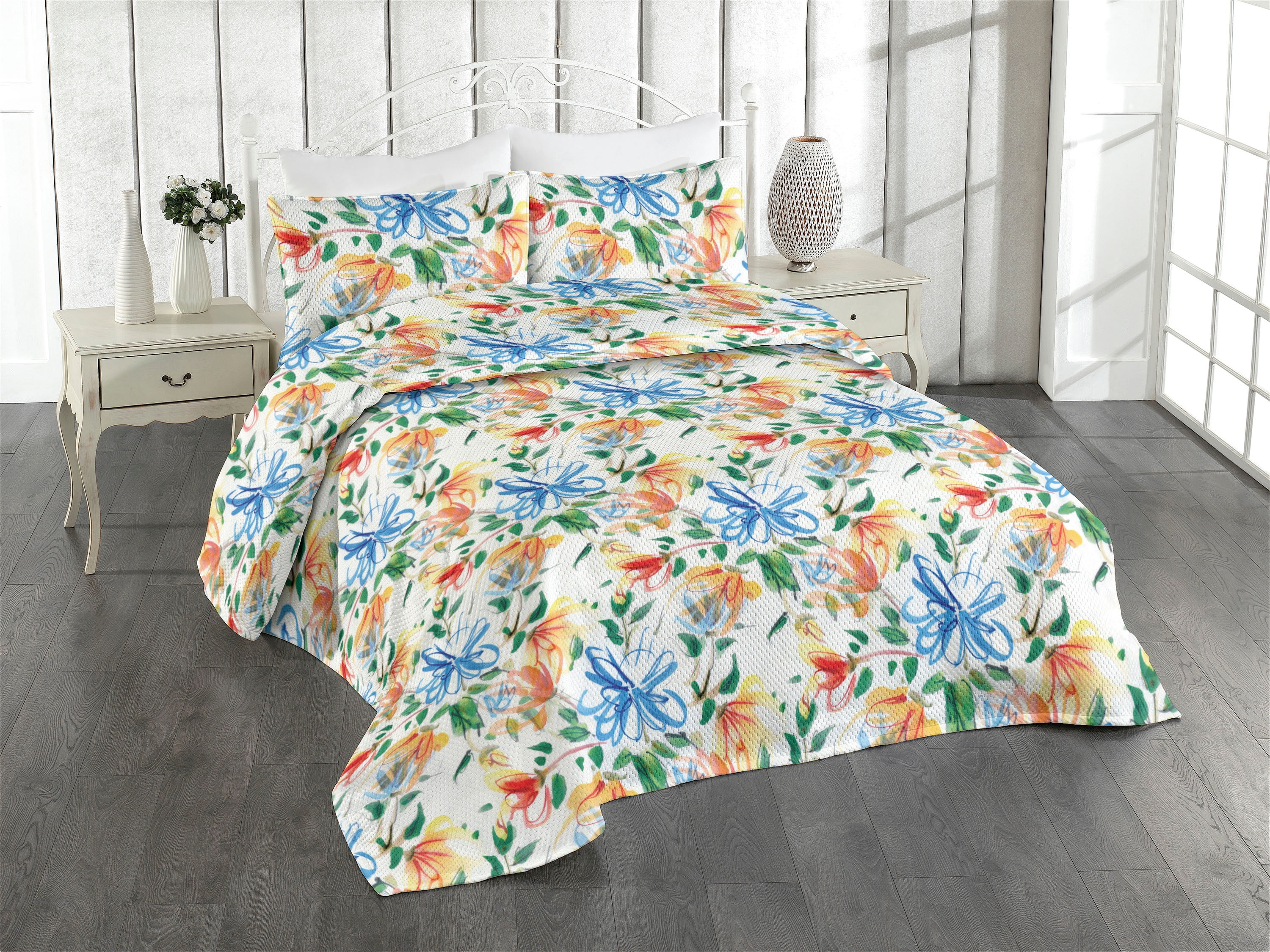 Vintage Coverlet, Colorful Simplified Flowers and Leaves Watercolor Art