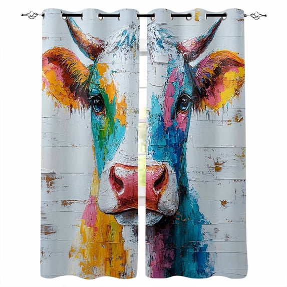 Vintage Cow Blackout Curtains for Bedroom Living Room Darkening Curtains 84 Inch Length 2 Panels Set Country Oil Abstract Painting Wooden Grain Window Curtain Window Treatment Grommet Drapes 42"x84"