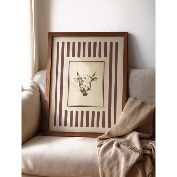 Vintage Cow Country Print, Rustic Farmhouse Brown Stripe Animal Wall Art, Cottagecore Neutral Decor, Western Quiet Luxury Home Decor #75, Unframed Canvas Size 8x12
