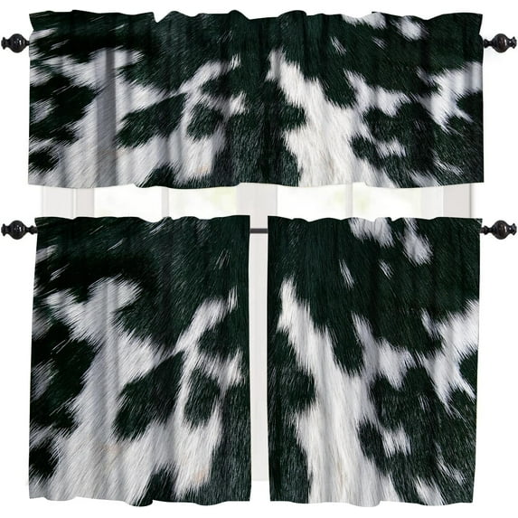 Vintage Cow Fur Window Valance,Black White Farm Animal Western Wildlife Fur Print for Kitchen Decor,3 Piece Set