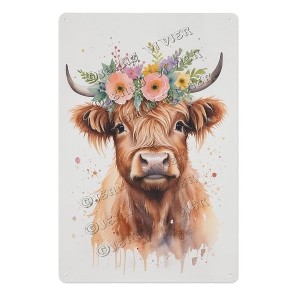 Vintage Cow Metal Tin Sign with Floral Crown Funny Country Farmhouse Cow Wall Art for Bathroom, Kitchen, Barn Gift for Farm Animal Lovers, Moms, Friends 8x12 inch