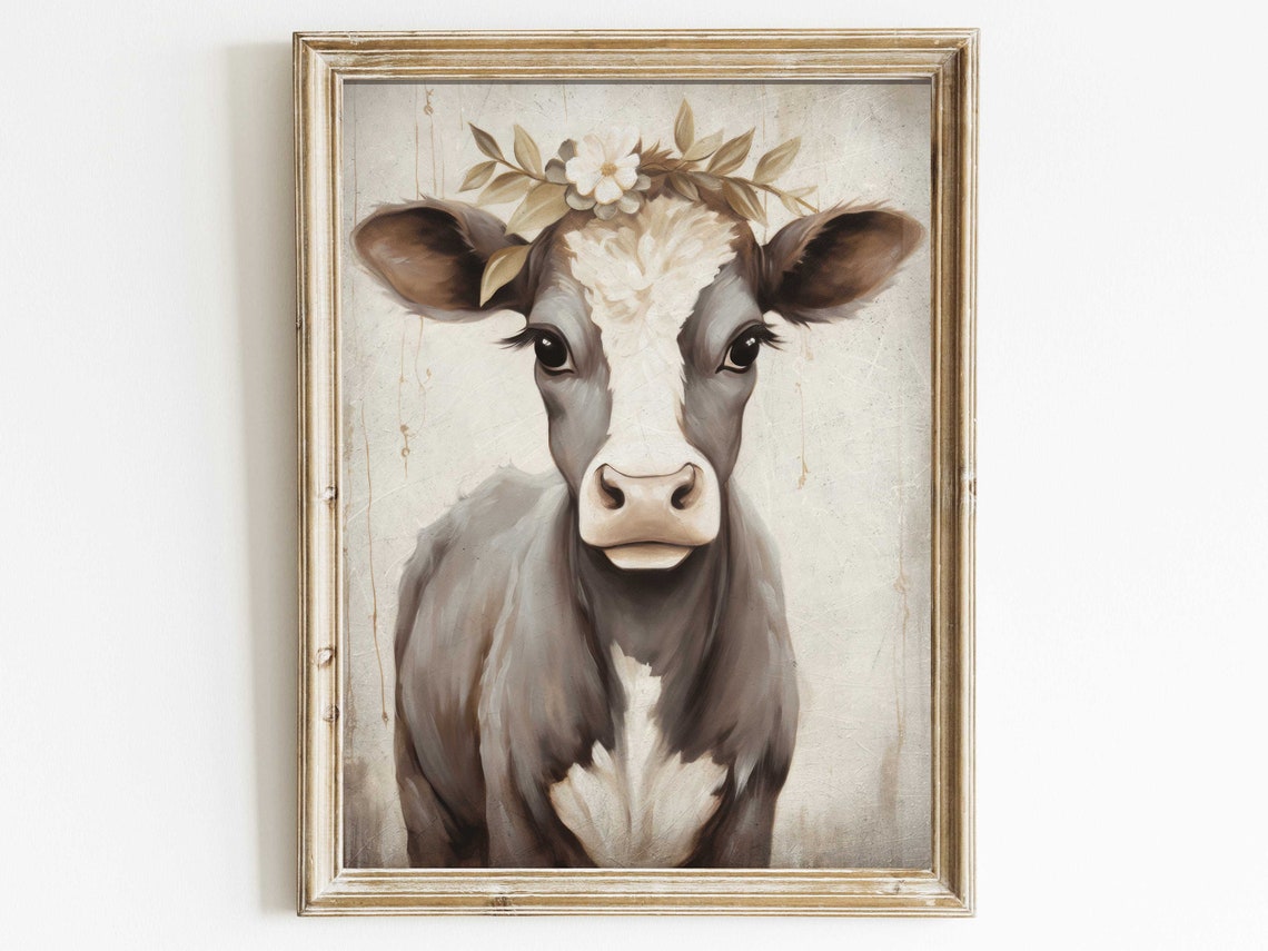 Vintage Cow Portrait, Animal With Flowers, Cow Wall Art, Rustic ...