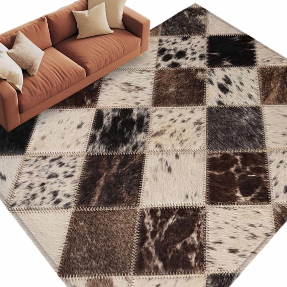 Vintage Cow Print Area Rug 8x10 Washable Rug Non Slip Farmhouse Cowhide Fur Geometric Brown Large Area Rug Soft Stainresistant Indoor Carpet for Living Room Bedroom Home Office Dining Room Nursery