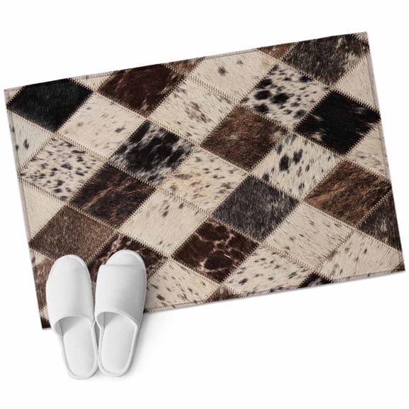 Vintage Cow Print Bathroom Rug Washable 2x3 Entryway Rug Non Slip Farmhouse Cowhide Fur Geometric Brown Front Door Mat Low Pile Indoor Doormat Throw Floor Carpet for Kitchen Bedroom Entrance