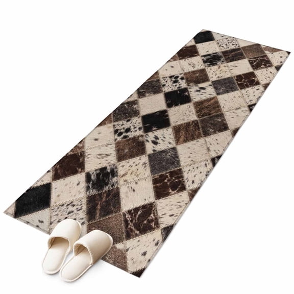 Vintage Cow Print Kitchen Runner Rug 2x6 Washable Runners for Hallway Non Slip Farmhouse Cowhide Fur Geometric Brown Large Area Rug Indoor Carpet for Bathroom Laundry Entryway Bedroom Living Room