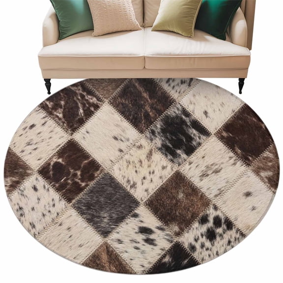 Vintage Cow Print Round Rug 8ft Washable Circle Rugs Non Slip Farmhouse Cowhide Fur Geometric Brown Large Area Rug Indoor Floor Carpet for Bedroom Kitchen Living Room Home Office Dining Room Nursery