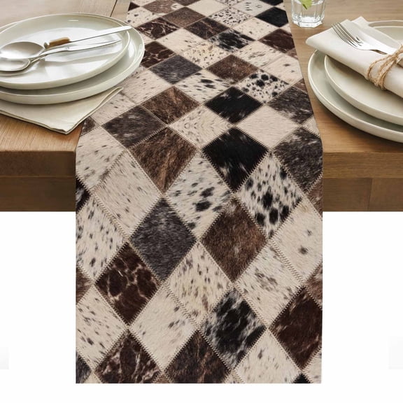 Vintage Cow Print Table Runner Farmhouse Cowhide Fur Geometric Brown Tablerunners 13 x 36 Inch, Table Decorations Tabletop Scarf for Summer Gathering Holiday Farmhouse Kitchen Dining Decor