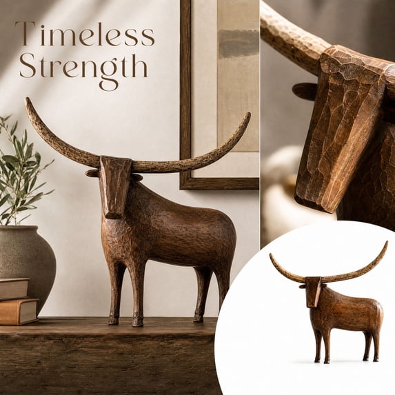 Vintage Cow Statue Longhorn Sculpture Western Home Decor, Rustic Bull Figurine for Tabletop Shelf Display, Farmhouse Animal Ornament for Home Decoration and Gift Giving for All Occasions