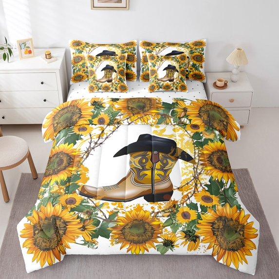 Vintage Cowboy Boots Bed in a Bag 7 Pieces Queen Size Comforter Set,Sunny Flowers Sunflower Bedding Sets Watercolor Floral Rustic Western Bed Set with Comforter,Sheets,Pillowcases & Shams
