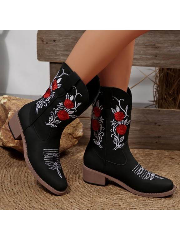 Vintage Cowboy Boots For Women Boho Retro Suede Square Toe Western Cowgirls Boots Ethnic Flower Embroidered Chunky Block Mid Heels Slip On Wide Mid Calf Boots