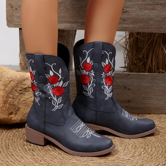 Vintage Cowboy Boots For Women Boho Retro Suede Square Toe Western Cowgirls Boots Ethnic Flower Embroidered Chunky Block Mid Heels Slip On Wide Mid Calf Boots