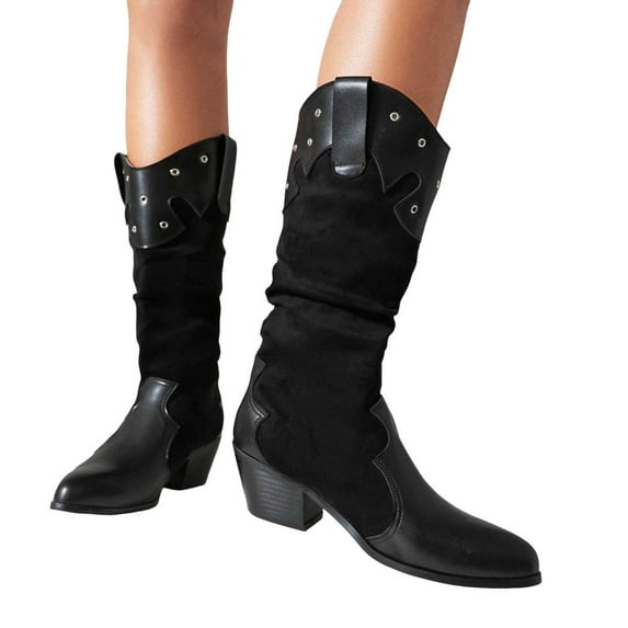 Vintage Cowboy Boots for Women Wide Calf Fashion Suede Cowgirl Booties Patchwork Western Pointed Toe Knee High Riding Boots Black Size 7.5