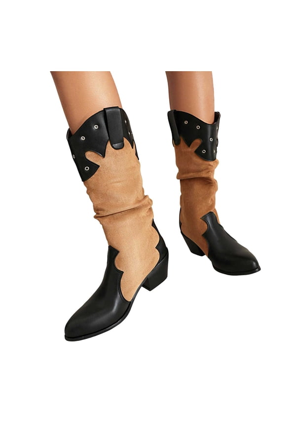 Vintage Cowboy Boots for Women Wide Calf Fashion Suede Cowgirl Booties Patchwork Western Pointed Toe Knee High Riding Boots Brown Size 7