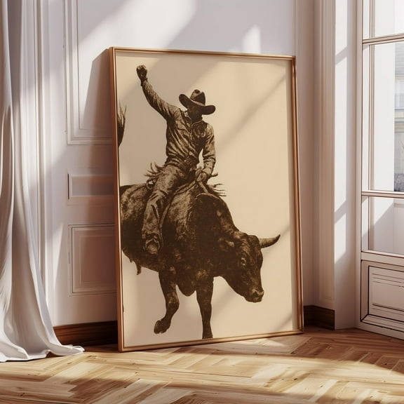 Vintage Cowboy Bull Riding Print – Western Rodeo Wall Art, Rustic Ranch Decor, Country Cowboy Silhouette Poster For Home Or Office Wall Art, Modern Wall Decor, 24x36 UNFRAMED