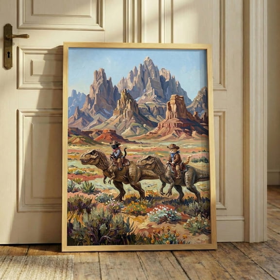 Vintage Cowboy Cat Riding Dinosaur Print, Western T Rex Wall Art, Funny Jurassic Feline Poster, Desert Landscape Decor Unframed Paper Print