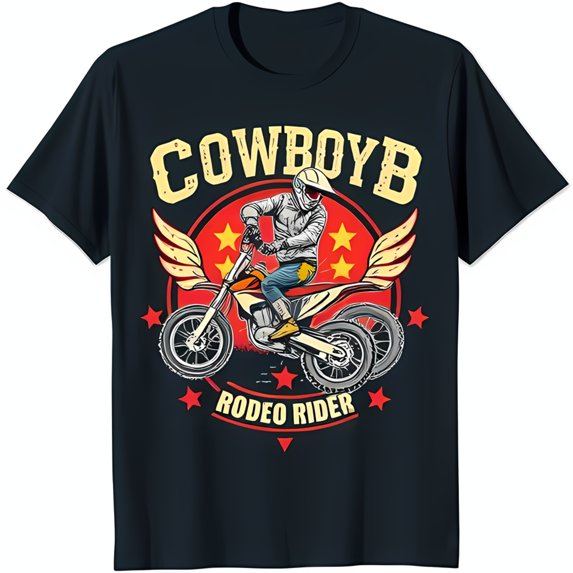 Vintage Cowboy Dirt Bike Graphic Black T-Shirt Rodeo Rider Design