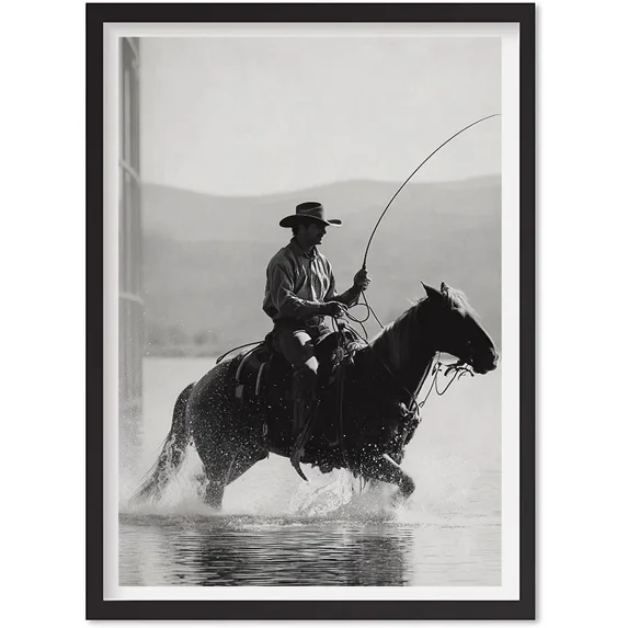 Vintage Cowboy Fishing Poster Wall Art, Retro Black And White Western Fisherman, Matte Canvas Stretched, Posters for Room Bedroom Living Room Bathroom Wall Decor, Posters & Art Prints, Gift.