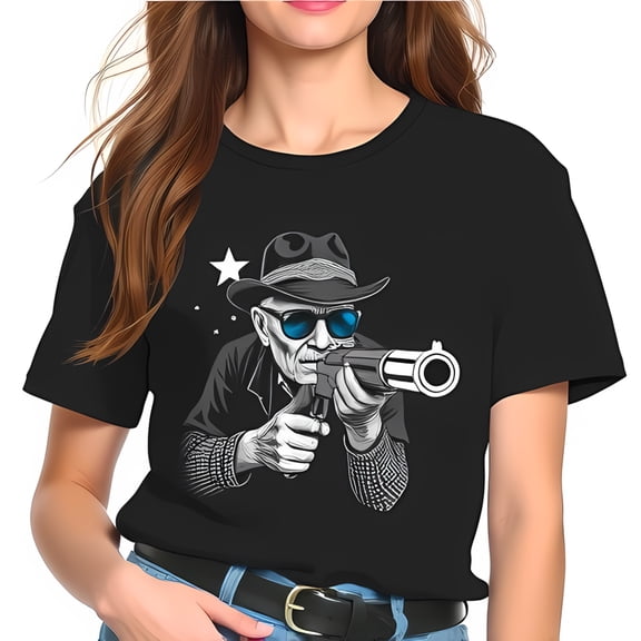 Vintage Cowboy Graphic T-Shirt for Men - Elderly Man with Blue Accents Short Sleeve Cotton Tee