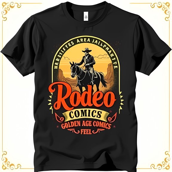 Vintage Cowboy Graphic Tee Rodeo Comics Design on Black T-Shirt