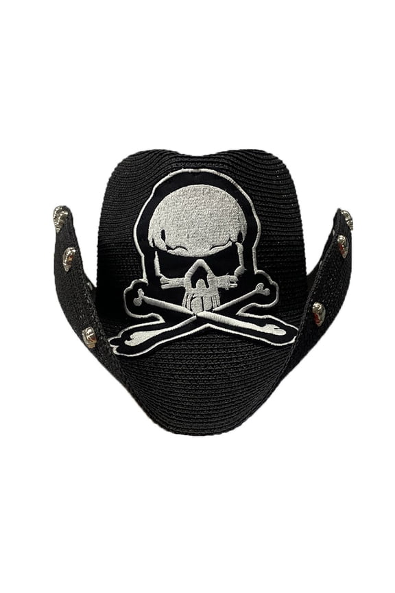 Vintage Cowboy Hat Large Embroidery Skull Brim Hat Straw Weaving Cowboy Hat Accessory for Sunproof
