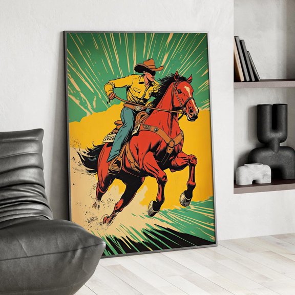 Vintage Cowboy Horseback Riding Retro Western Comic Book Style Wild West Rodeo, Unframed Poster