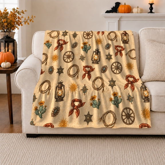Vintage Cowboy Lanterns, Rustic Adventure Scene, Warm Flannel Blanket for Cabin and Lodge, Art Lovers Housewarming Gift, Rustic Home Decor