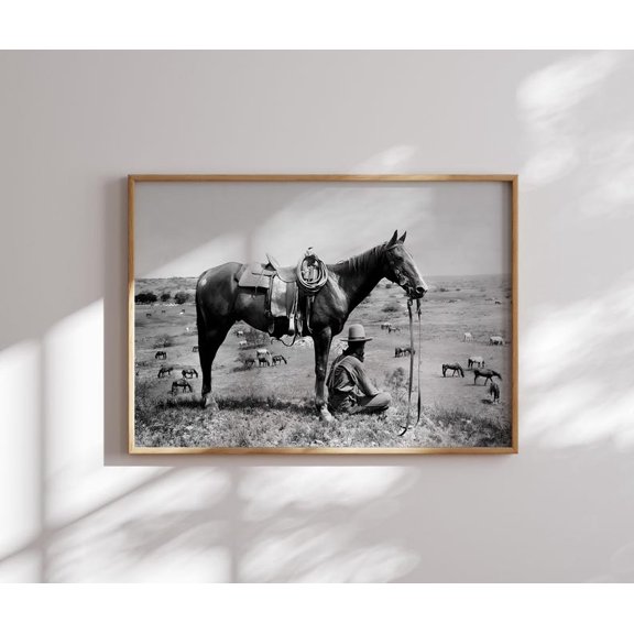 Vintage Cowboy Resting with Horse Black and White Western Photography Poster Classic Ranch Landscape Americana Wall Decor Rustic Frontier Art Size 24x36 Unframed Poster