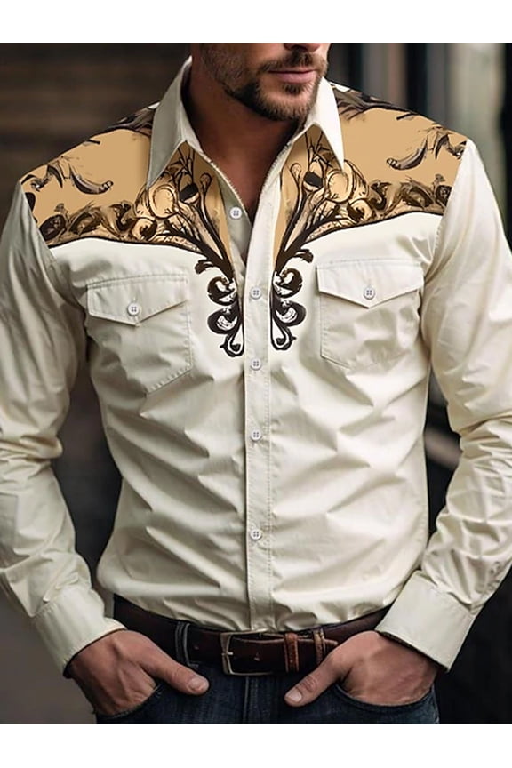 Vintage Cowboy Shirt Men's Western Embroidered Print Western Shirt Retro Traditional Casual Shirt Western Cowboy Shirt Cowboy Costume Long Sleeve Button Party Shirts Hippie Shirt Khaki 3XL