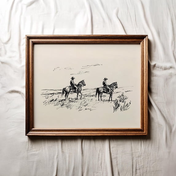 Vintage Cowboy Sketch Western Countryside Rustic Artwork, UNFRAMED Size 30x30