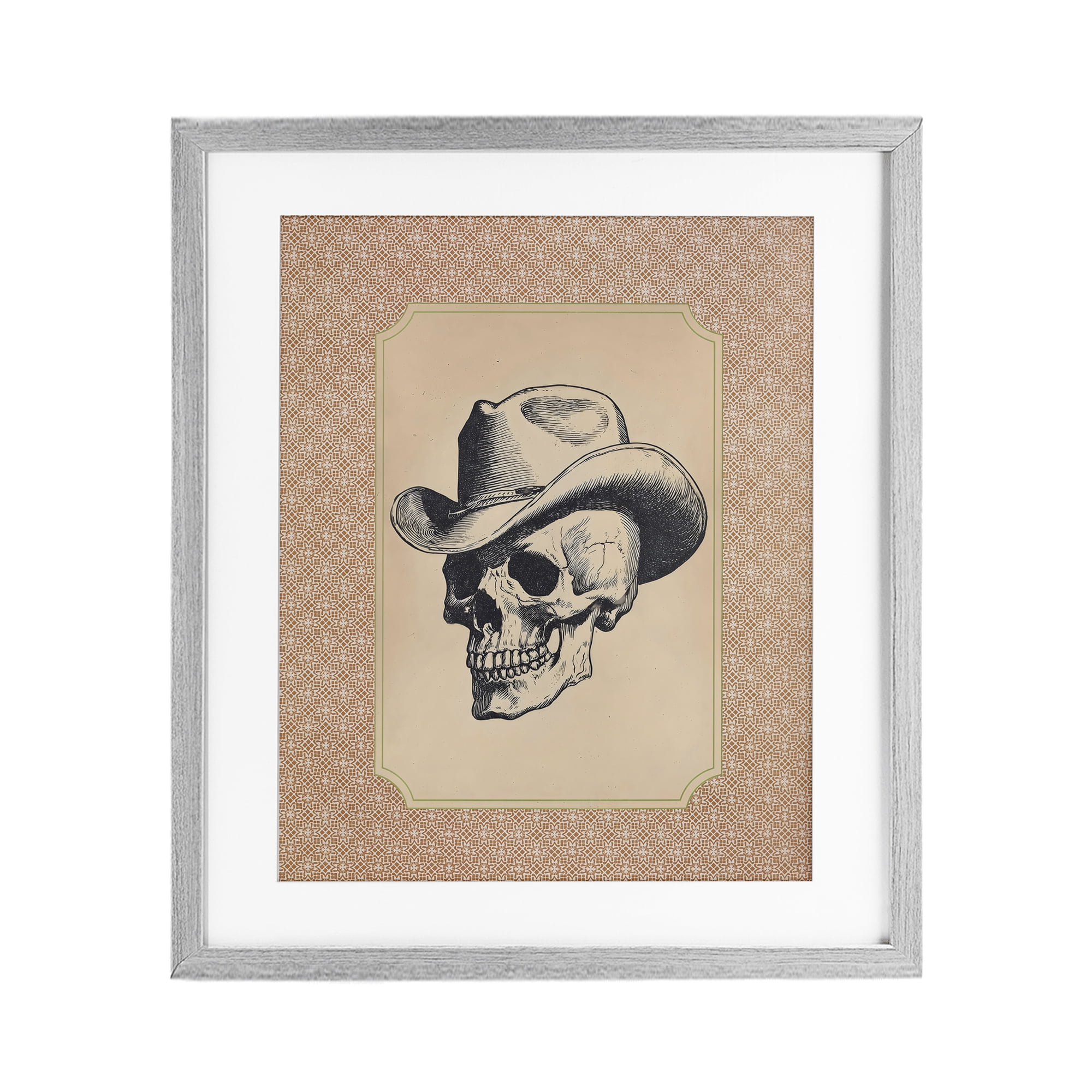 Vintage Cowboy Skull Gray Framed Print Under Glass, design by Arlington Prints