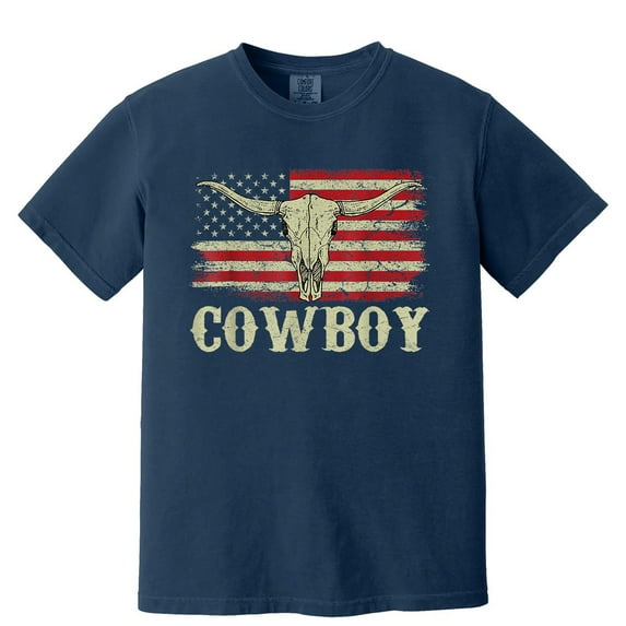 Vintage Cowboy Skull T-Shirt, Western Longhorn Bull Head Tee with American Flag, Country Rodeo Shirt for Men