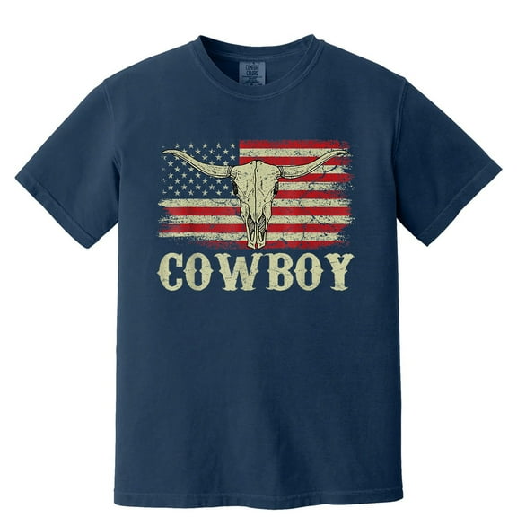 Vintage Cowboy Skull T-Shirt, Western Longhorn Bull Head Tee with American Flag, Country Rodeo Shirt for Men