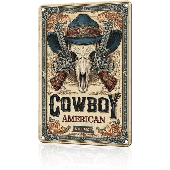 Vintage Cowboy Skull Tin Sign, Wild West Metal Wall Art Decor for Home, Farmhouse, Bar, Cafe or Office, 8 x 12 Inch