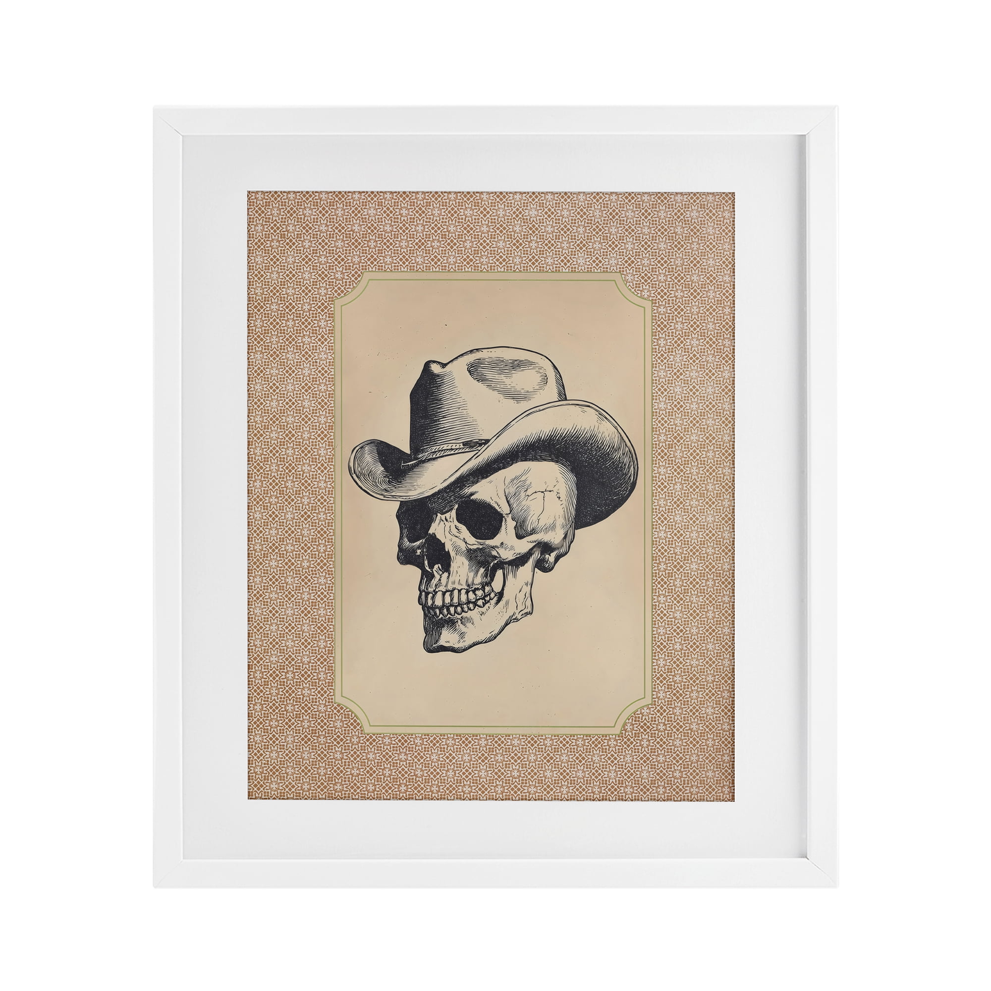 Vintage Cowboy Skull White Framed Print Under Glass, design by Arlington Prints