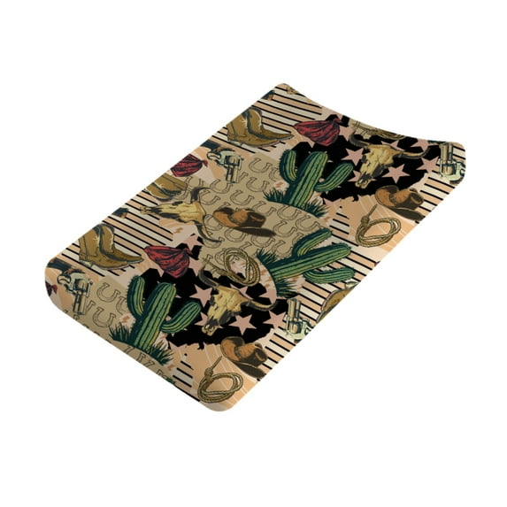 Vintage Cowboy Western Changing Pad Cover for Baby Girl Boy Neutral Cowboy Cactus Hat Boot Goat Skull Diaper Change Table Sheets Stripes Stars Soft Stretchy Fitted Changing Pad Mat Sheets 32"x16"