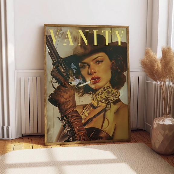 Vintage Cowgirl With A Gun Poster Retro Woman Smoking A Cigarette Wall Art, Badass Bestie, Eclectic Wall, Art Funny, Retro Wall, Decor, Unfreamed 8x12